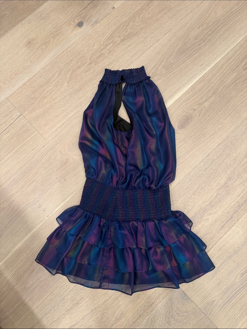 Amanda Uprichard Iridescent Navy & Purple Halter Ruffle Mini Sorella Dress